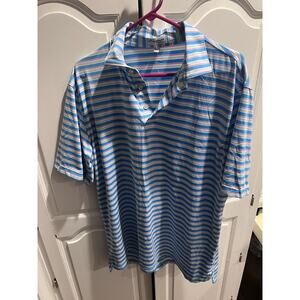 Peter Millar Summer Comfort Polo Shirt Men L Blue Pink White Stripe Golf Casual